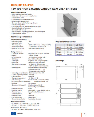 Акумуляторна батарея RID 190Ah 12V (RID HC 12-190)
